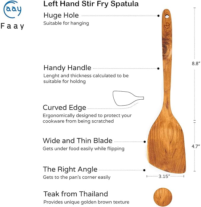 FAAY 13.5” Left-Hand Stir Fry Spatula – True Left-Hand Angled Teak Wooden Turner for Wok & Nonstick Pans, Natural Coconut Oil Finish, Handcrafted Wood Tool for Stirring & Flipping