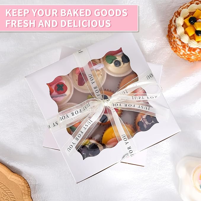 6x6x5 Cake Box, 28 Sets White Cake Box with Window ＆ 28Sets 6" Cake Round Boards, 6inch Cake Containers. (White, 665inch/28pcs)