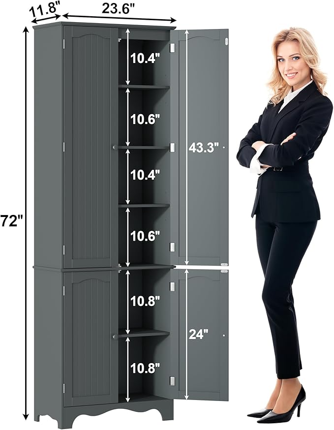 Yusong 72'' Tall Kitchen Pantry Cabinet, Freestanding Storage Cabinet with Doors and Shelves, Wooden Food Pantry Farmhouse Cupboard Buffet for Kitchen Dining Living Room, Gray