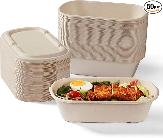 [100% Eco-Friendly] 34 oz Disposable Food Containers with Lids – Sugarcane Pulp Take Out Containers, Biodegradable Lunch Box, Compostable and Microwave Safe To-Go Boxes for Meal Prep – Pack of 50