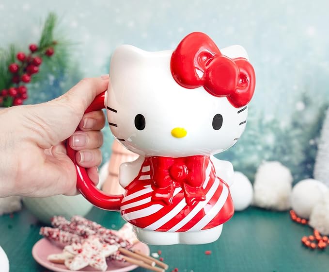 Silver Buffalo Sanrio Hello Kitty Christmas Holiday Candy Cane Dress 3D Sculpted Ceramic Mug, 20 Ounces