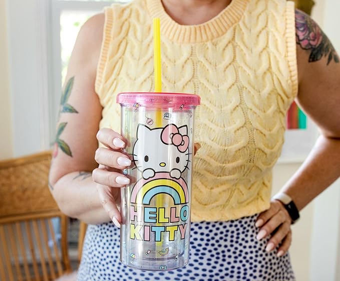 Silver Buffalo Sanrio Hello Kitty Plastic Tall Cold Cup with Lid and Straw, 20 Ounces