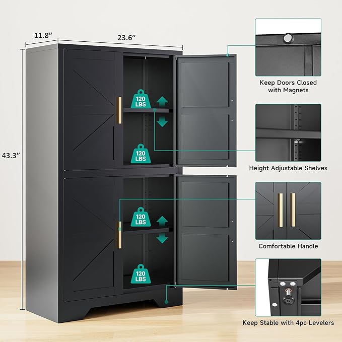 SISESOL Black Storage Cabinet with 4 Doors and 2 Adjustable Shelves,Farmhouse Food Pantry Cabinets,Small Bathroom Cabinet,4 Tier Metal Storage Cabinets for Home Kitchen,Dining/Living/Laundry/Room
