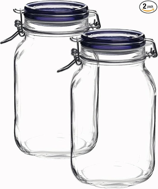 Bormioli Rocco Fido Collection, 2 Pack, 67.75 Oz. Food Storage Glass Jars, Airtight Rubber Seal & Glass Lid, With Stainless Wire Clamp,Made In Italy.