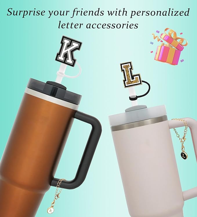 （3 +3) 3PCS Nuozme Straw Cover 10mm For Stanley Tumbler Cup Reusable Straw Cap Topper with 3 Initial Letter Charms Accessories Name ID Personalized Handle Charm For Stanley 30&40 Oz Cup Tumbler