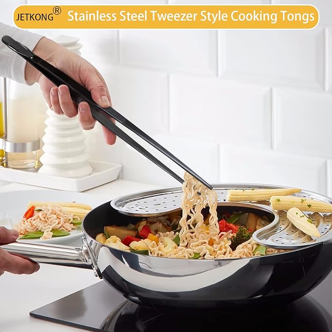 JETKONG 14-Inch Long Stainless Steel Thin Tongs Heavy Duty Kitchen Cooking Tweezers Tongs, Set of 3 (14 14 14 Inch, Black)