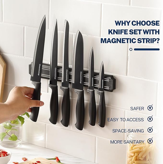 Kitchen Knife Set with No Drilling Magnetic Strip for Kitchen Black Titanium Small Cooking Knives, Sharp Stainless Steel Chef Knife Set for Cutting Meat & Vegetable