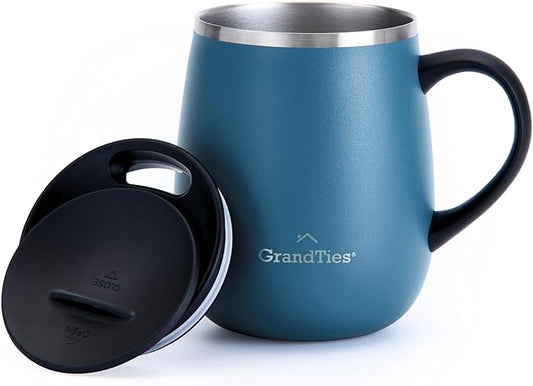 GRANDTIES Insulated Coffee Mug with Handle - Sliding Lid for Splash-Proof 16oz Wine-Glass Shape Thermal Tumbler with Double Walled Vacuum Stainless Steel to Keeps Beverages Hot or Cold-Cobalt Blue