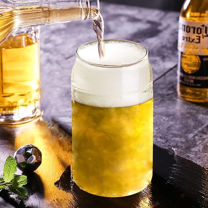 Drinking Glasses with Bamboo Lids and Glass Straw 2PCS Set, 16oz Glass Cups with Lids and Straws, Beer, Iced Coffee Glasses, Soda, Gift 1 Cleaning Brushes