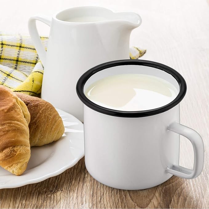 P&P CHEF Enamel Camping Coffee Mug Set of 6, Small Colored Mugs Cups for Family Gathering/Friend Party/Camping/Picnic/Fishing, Lightweight & Portable -12 Ounce, 350ML & White