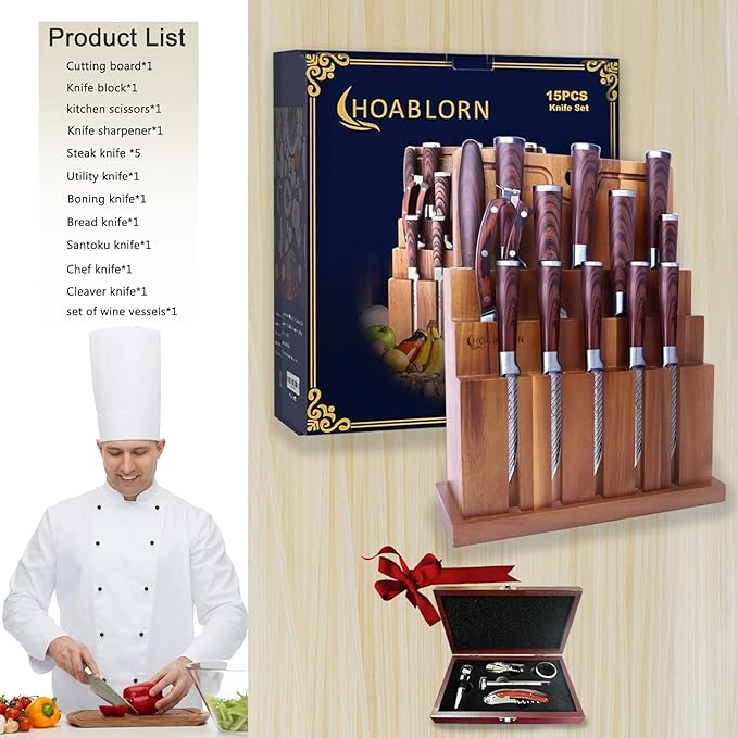 Damascus Knife Block Set 15PCS Kitchen Knife Set with Block Premium Chef Knife Stainless Steel,Japanese Kitchen Knife, with Exrtra Cutting Board Wine Corkscrew Set