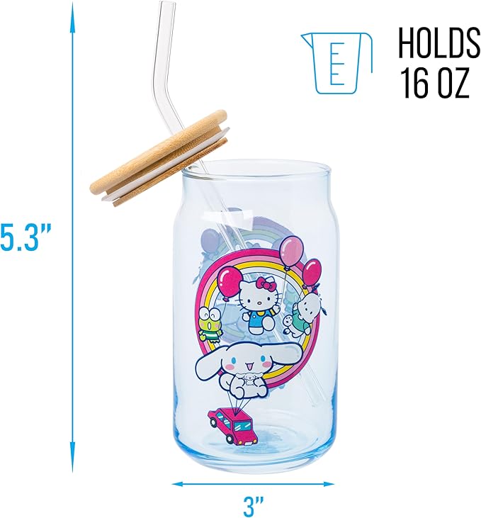 Silver Buffalo Sanrio Hello Kitty & Friends Floating Car Balloons Featuring Cinnamoroll, Pochacco, and Keroppi Glass Jar Tumbler with Bamboo Lid and Glass Straw, 16 Ounces (Pack of 12)