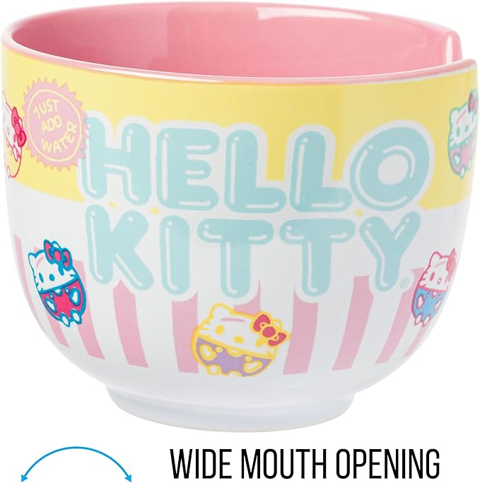 Silver Buffalo Sanrio Hello Kitty Pastel Colored Ceramic Ramen Noodle Rice Bowl with Chopsticks, Microwave Safe, 20 Ounces