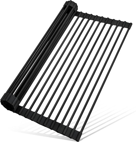 MERRYBOX Roll Up Dish Drying Rack, Silicone Wrapped Over The Sink Dish Rack Foldable Dish Drainer Anti-Slip Dish Racks for Kitchen Counter, Multipurpose Kitchen Sink Drying Rack, 18" x 13", Black