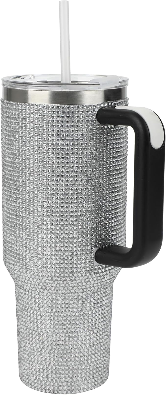 Bioworld Silver Rhinestone 40 Oz Vacuum Insulated Stainless Steel Tumbler with Leak-Proof Lid & Easy Carry Handle, Sparkling Finish for Travel or Home