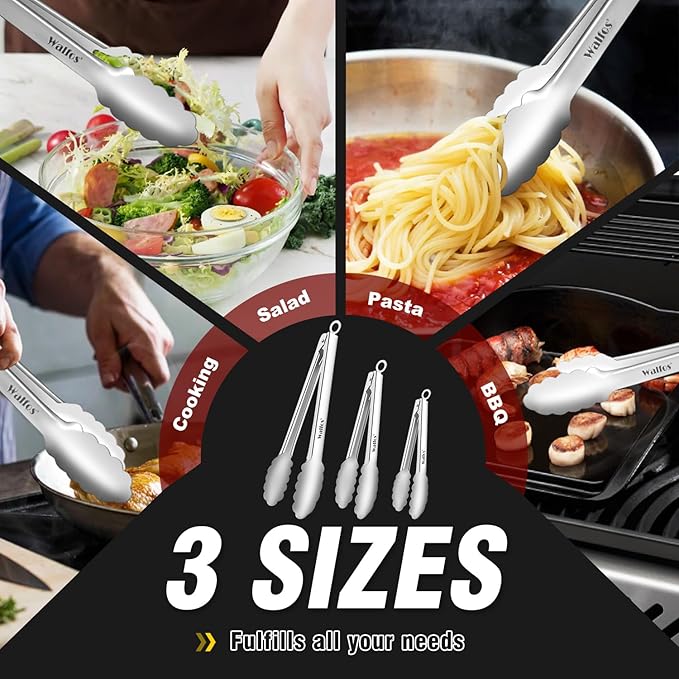 Walfos Kitchen Tongs for Cooking, 600℉ Heat Resistant Stainless Steel Tongs, All Metal Heavy Duty Tongs For Food ,BBQ Grilling - 7 ，9 and 12 Inch ,Set of 3