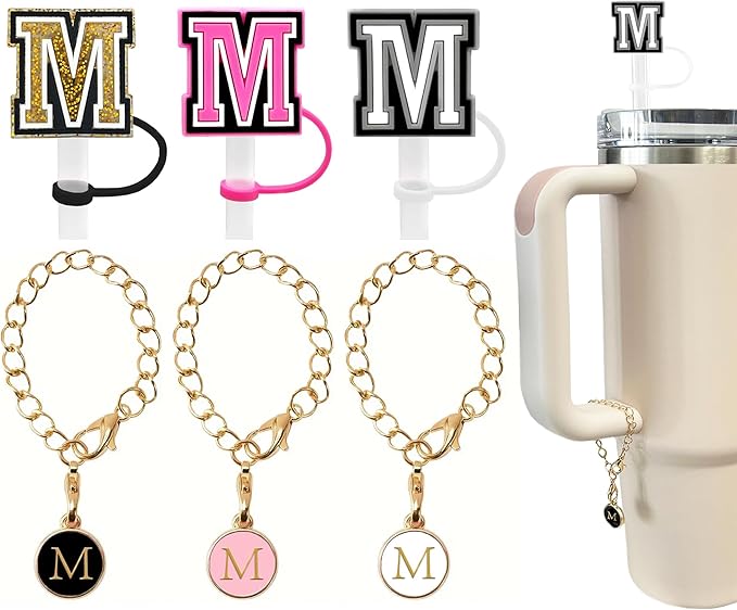 （3 +3) 3PCS Nuozme Straw Cover 10mm For Stanley Tumbler Cup Reusable Straw Cap Topper with 3 Initial Letter Charms Accessories Name ID Personalized Handle Charm For Stanley 30&40 Oz Cup Tumbler