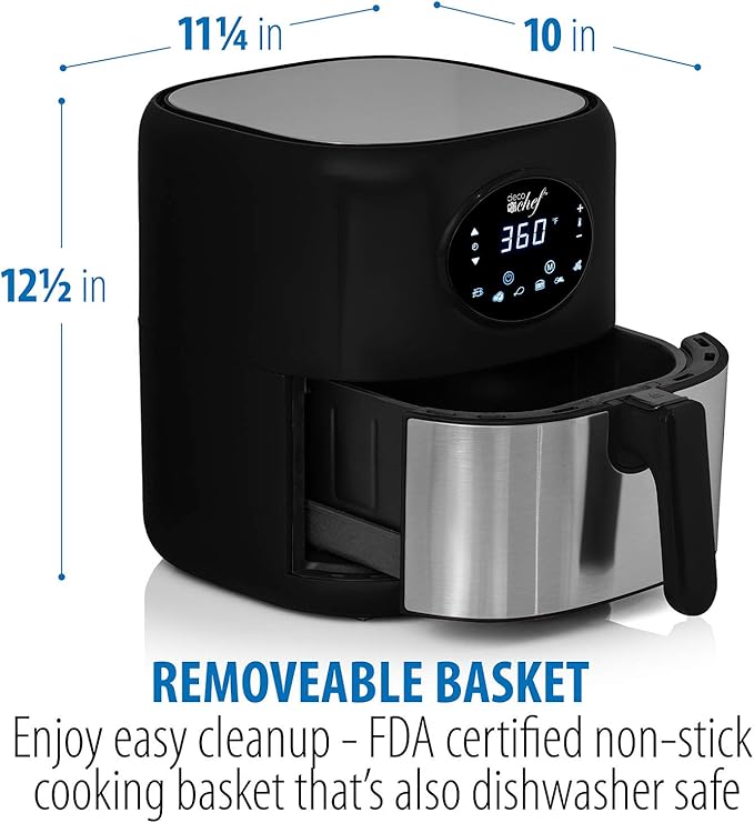 Deco Chef 3.7QT Digital Air Fryer with 6 Cooking Presets, LED Touch Controls, Adjustable Temperature and Time, Detachable Dishwasher Safe Non-Stick Basket, ETL Certified, Black