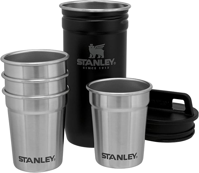 Stanley Adventure Pre-Party Flask and Nesting Shot Glass Set | 8 oz Leakproof Hip Flask | 4 Shot Glasses in Travel Carrying Case | Insulated Stainless Steel Liquor Flask | BPA-Free | Matte Black