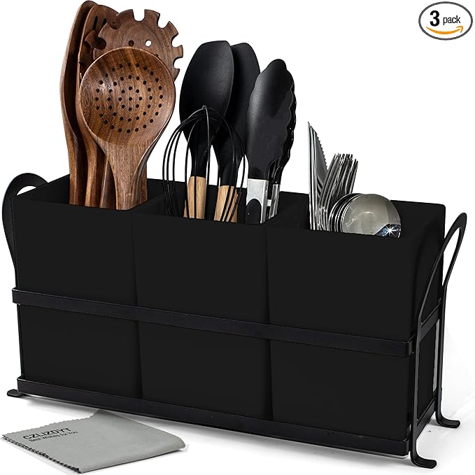 Large Utensil Caddy, Drainage Utensil Holder for Kitchen Counter, 3pcs Bins Set Cooking Utensil Organizer for Spoons, Spatulas, Black