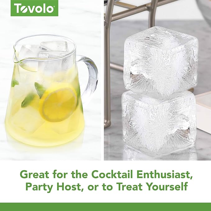 Tovolo Colossal Cube Ice Molds, Set of 2 - Large Ice Cube Mold Ideal for Whiskey, Cocktails & Any Cold Beverage - Odor-Free Freezer Storage, Dishwasher-Safe with Silicone Plunger