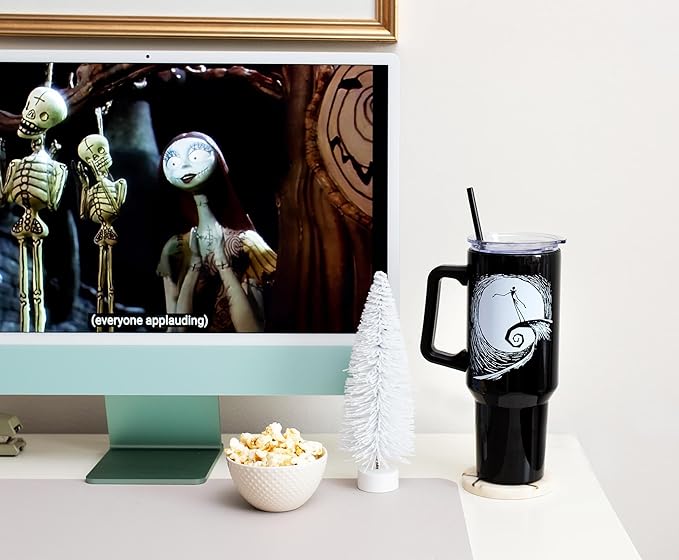 Silver Buffalo Disney Nightmare Before Christmas by Tim Burton Jack Skellington Hill and Moon Drawing Stainless Steel Tumbler with Handle and Straw, Fits in Standard Cup Holder, 40 Ounces