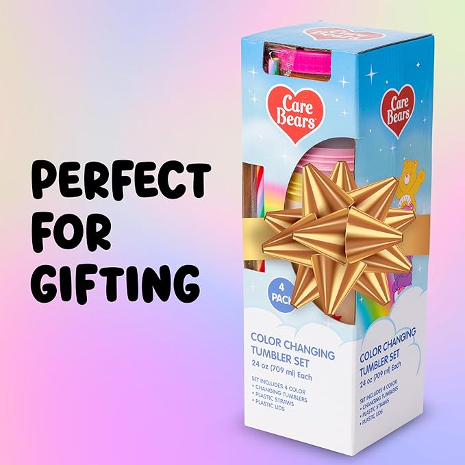 Silver Buffalo Care Bears Hearts and Stars 4 Pack Plastic Color Changing Tumblers with Rainbow Swirl Straws Featuring Tenderheart, Funshine, Cheer, and Grumpy Bear 24 Ounces