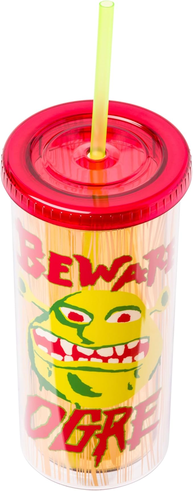 Silver Buffalo Shrek Beware Ogre Plastic Tall Cold Cup with Lid and Straw, 20 Ounces
