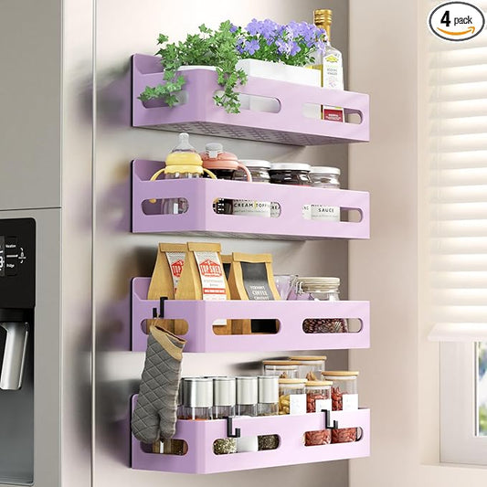 4 Pack Magnetic Spice Rack for Refrigerator, Spice Rack Organizer, Moveable Magnetic Shelf Fridge Organizer with 4 Hooks for Kitchen and Oven Organization, Pink
