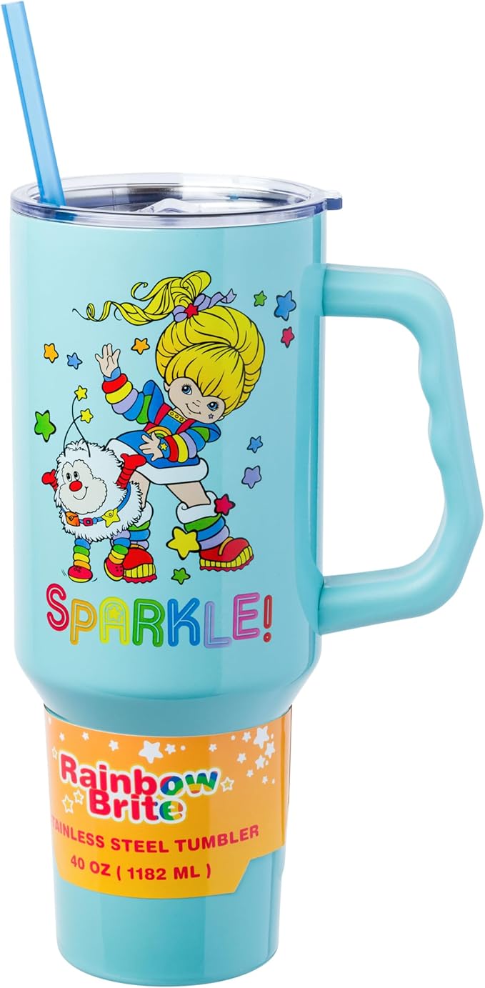 Silver Buffalo Rainbow Brite and Twink Sparkle Stainless Steel Tumbler with Handle and Straw, Fits in Standard Cup Holder, 40 Ounces