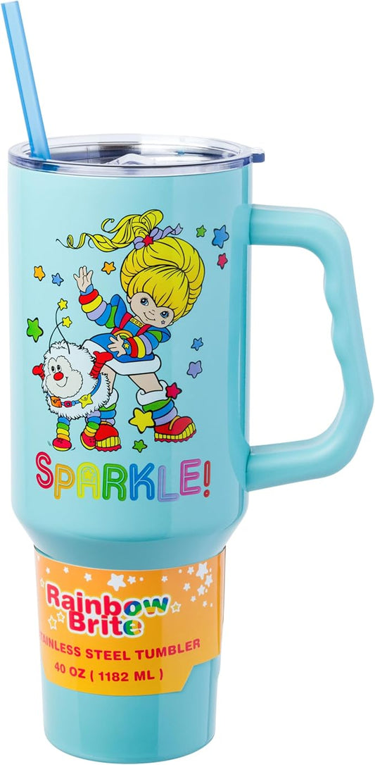 Silver Buffalo Rainbow Brite and Twink Sparkle Stainless Steel Tumbler with Handle and Straw, Fits in Standard Cup Holder, 40 Ounces