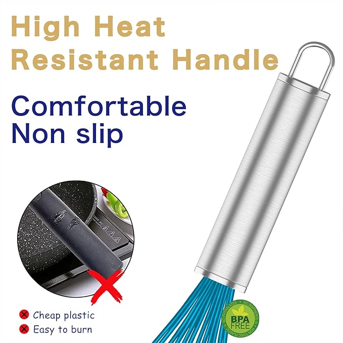 Silicone Whisk,Heat Resistant 480°F Whisks For Cooking Non Scratch,Stainless Steel wired wisk,Plastic Rubber Whisk Tool For Nonstick Cookware Pans,Silicon Wisks Set of 4,Blue