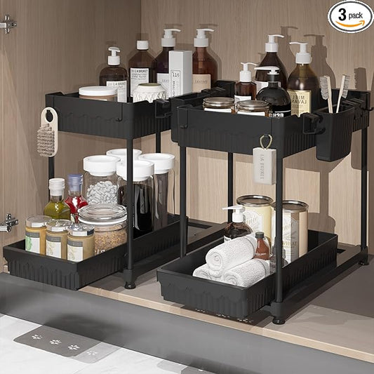 3 Pack Multi-Purpose Under Sink Organizers and Storage (Black-2 Pack, 15.6 inches)