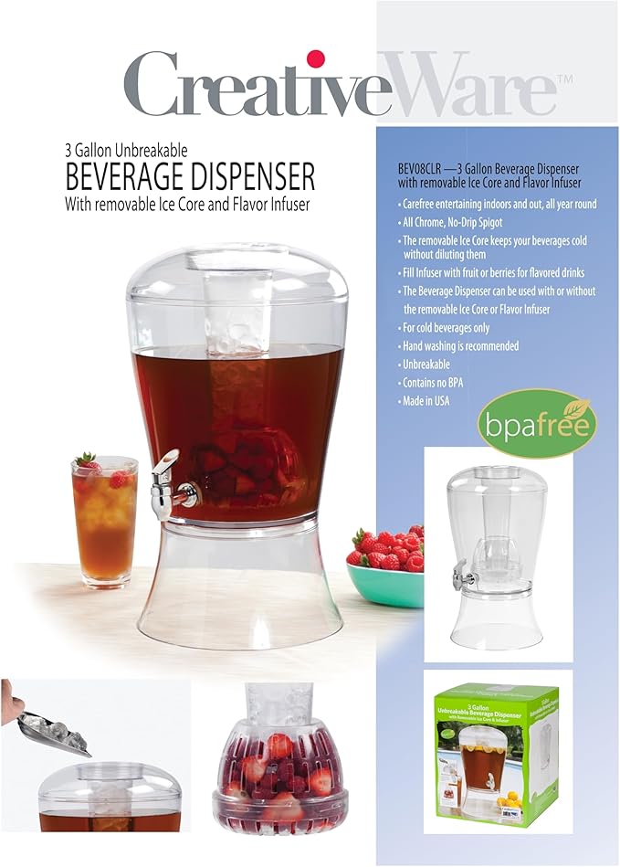 CreativeWare 3 Gallon Beverage Dispenser With Ice Cylinder And Fruit Infuser