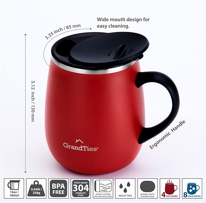 GRANDTIES Insulated Coffee Mug with Handle - Sliding Lid for Splash-Proof 16oz Wine-Glass Shape Thermal Tumbler with Double Walled Vacuum Stainless Steel to Keeps Beverages Hot or Cold-Cranberry