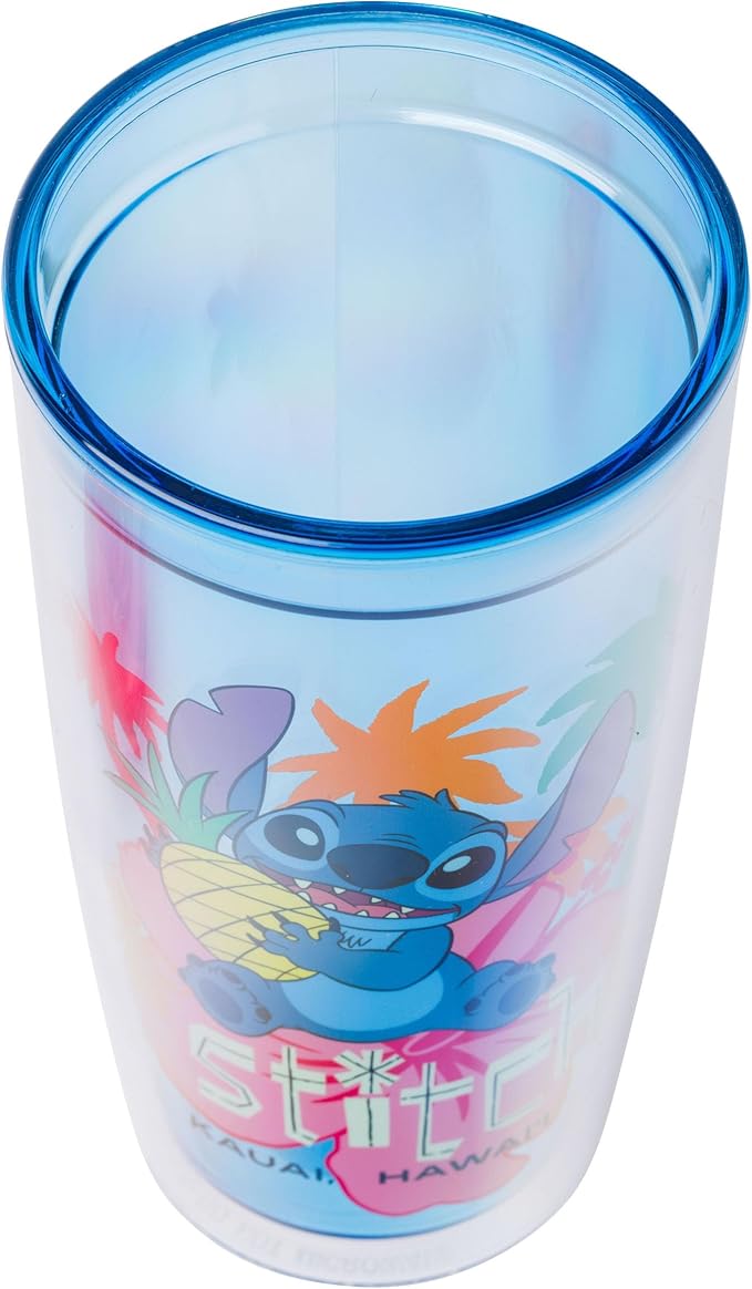 Silver Buffalo Disney Lilo and Stitch Holding Pineapple Tropical Kauai, Hawaii Double Wall Travel Tumbler with Slide Close Lid, 20 Ounces