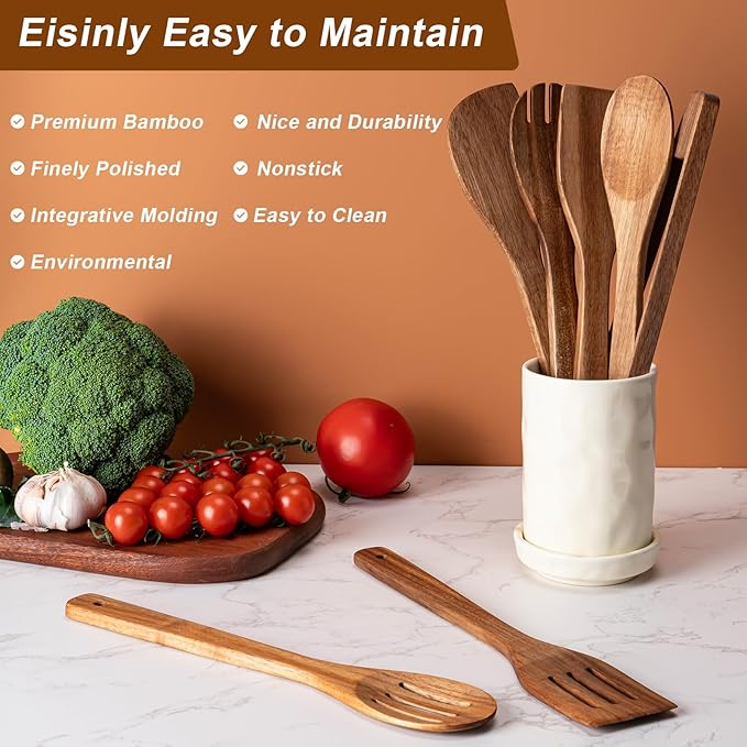 Wooden Spoons for Cooking 7-Piece, Kitchen Nonstick Wood Cooking Utensils Set, Durability Wooden Spatula Spoon for Everyday Use, Brown
