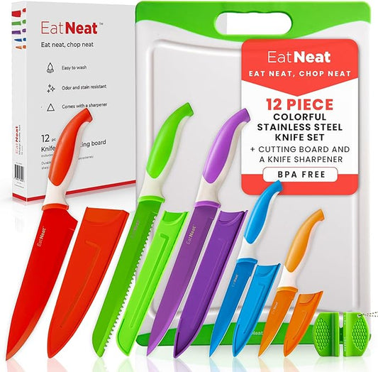 EatNeat 12-Piece Knife Set – Chef, Bread, Carving, Utility & Paring Knives with Sheaths, Sharpener & Cutting Board – Non-Stick Stainless Steel, Ergonomic, Dishwasher Safe – Ideal for Home, RV & Gift