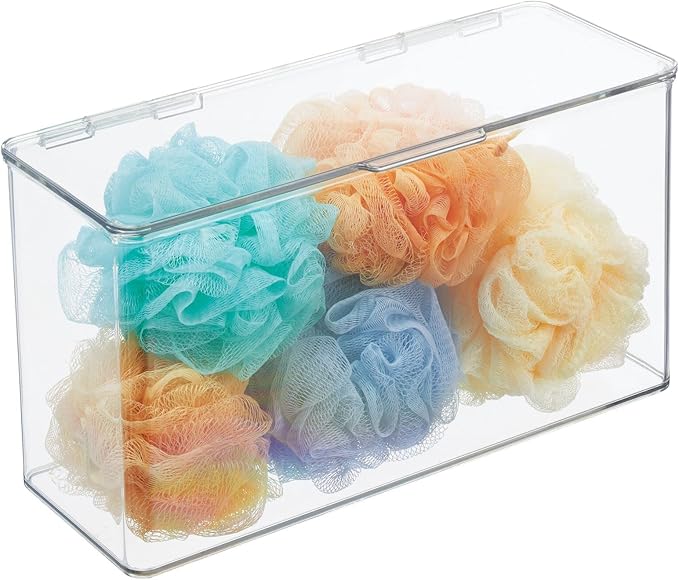 mDesign Plastic Bathroom Storage Organizer Box Containers with Hinged Lid for Vanity Drawers - Holds Lotions, Face Towels, Cotton Swabs, Soap, or Accessories - Lumiere Collection - 4 Pack - Clear