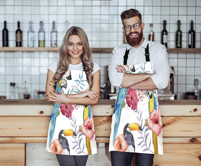 EKOBLA Bird Aprons Watercolor Flower Print Animal Parrot Branches Beautiful Summer Plant Waterproof Resistant Chef Cooking Kitchen BBQ Adjustable Aprons for Women Men 27x31 Inch
