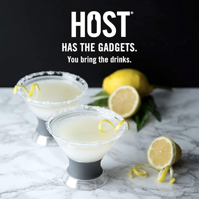 Host Freeze Insulated Martini Cooling Cups, Plastic Freezer Gel Chiller Double Wall Stemless Cocktail Glass Set of 2, 9 oz, Grey