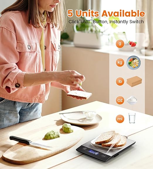 AZC 250mAh Rechargeable Food Scale，0.1oz-33lb， 304 Stainless Steel Waterproof Kitchen Scale，Batteries and Type-C Charging Food Scales for Kitchen，Inclined LCD Display