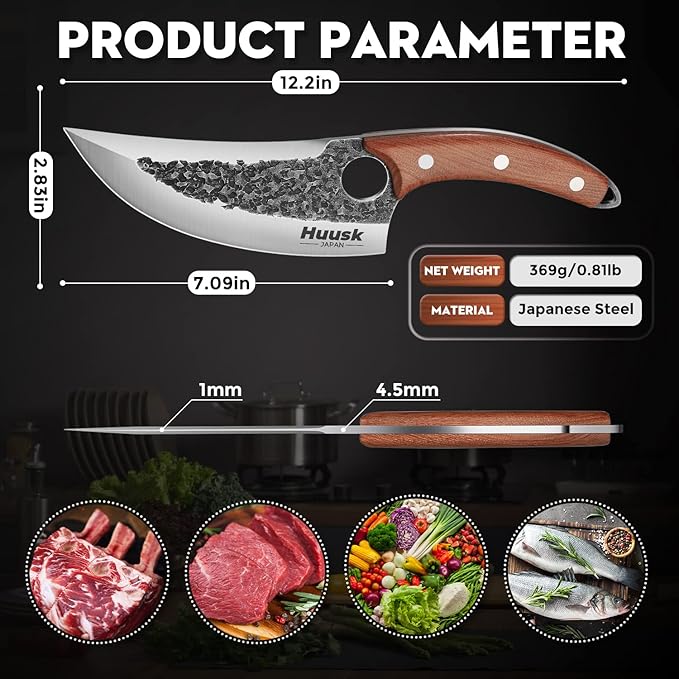Huusk Knife Japan Kitchen, Upgraded Viking Knives with Sheath Hand Forged Butcher Knife for Meat Cutting Japanese Cooking Meat Cleaver Huusk Chef Knives for Outdoor Camping, BBQ