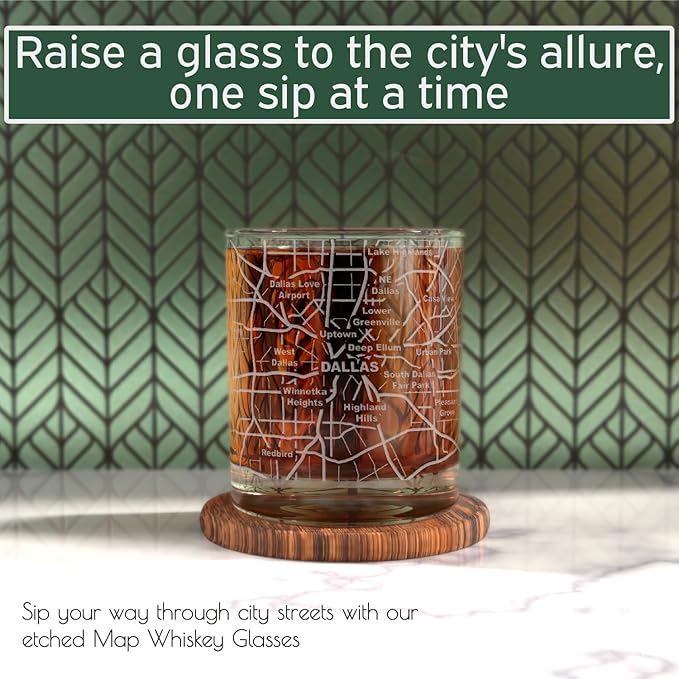 Greenline Goods Whiskey Glasses - 10 Oz Tumbler Set for Dallas lovers, Etched with Dallas Map Old Fashioned Rocks Glass - Set of 2