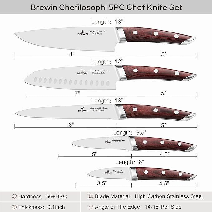 Brewin CHEFILOSOPHI Japanese Chef Knife Set 5 PCS with Elegant Red Pakkawood Handle Ergonomic Design,Professional Ultra Sharp Kitchen Knives for Cooking High Carbon Stainless Steel