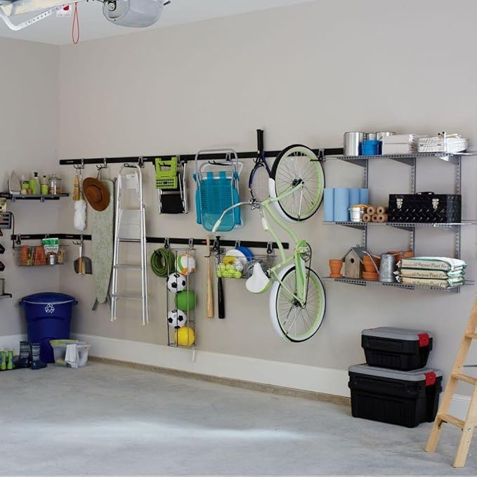 Rubbermaid Garage FastTrack Wire Mesh Basket Wall Mounted Storage System Holds up to 50 pounds Satin Nickel for Tool/Toy/Sports Equipment