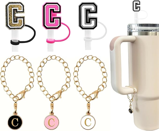 （3 +3) 3PCS Nuozme Straw Cover 10mm For Stanley Tumbler Cup Reusable Straw Cap Topper with 3 Initial Letter Charms Accessories Name ID Personalized Handle Charm For Stanley 30&40 Oz Cup Tumbler