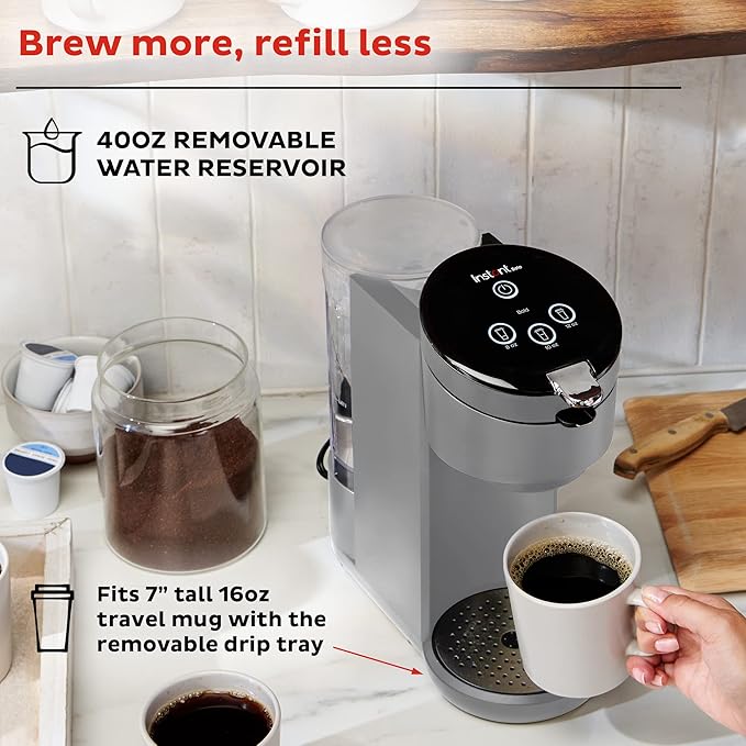 Instant Pot Single Serve K-Cup Pod Compatible Coffee Maker with Reusable Pod & Bold Setting, 8-12oz, 40oz Reservoir, Grey