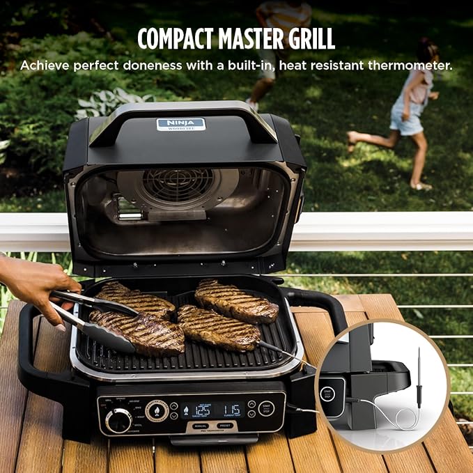 Ninja OG751 Woodfire Pro Outdoor Grill Built-In Thermometer,7-in-1 Master Grill,BBQ Smoker,& Outdoor Air Fryer Plus Bake,Roast,Dehydrate & Broil,Woodfire Technology,Weather-Resistant,Grey XL