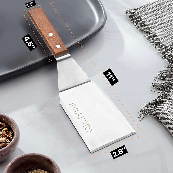 Stainless Steel Spatula Turner for Cast Iron Skillet, Grill Spatula with Wooden Handle, Heavy Duty Pancake Turner Metal